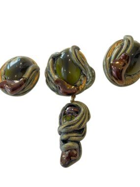 Vintage 90s Sculptural Green Cabochon Brooch & Clip Earrings Set artist 1990